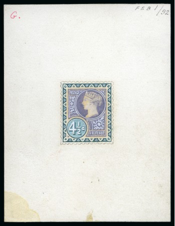 1892 4 1/2d Hand-painted essay in pastel shades of green and lilac and Chinese white on card