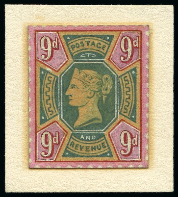 1884 9d Hand-painted essay in pink, red, yellow, green and Chinese white, mounted on card, with design very similar to the issued stamp