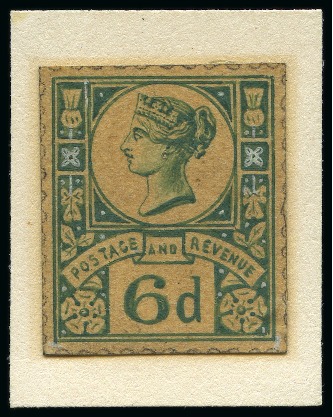 1884 6d Hand-painted essay in green and Chinese white on pink-tinted paper, mounted on card, with design very similar to the issued stamp