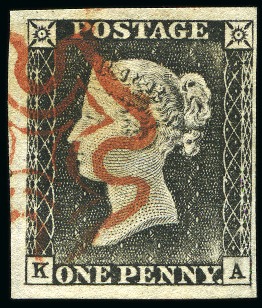 Stamp of Great Britain » 1840 1d Black and 1d Red plates 1a to 11 1840 1d Black pl. 1a KA, worn impression with good to very large margins