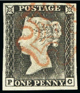 1840 1d Black pl.1b PC, worn impression with large balanced margins all around