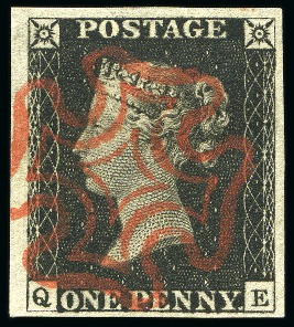 1840 1d Black pl. 1b QE, large balanced margins all round and neatly cancelled by a superb and virtually complete strike of the red Maltese cross