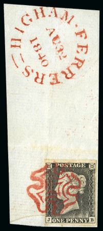1840 1d Black pl.1a JB worn impression with large margins all around, neatly tied to small piece by perfectly struck red Maltese cross