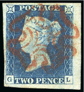 1840 2d Blue pl.1 GL, a marginal example from the right of the sheet showing a complete strike of the red Maltese cross