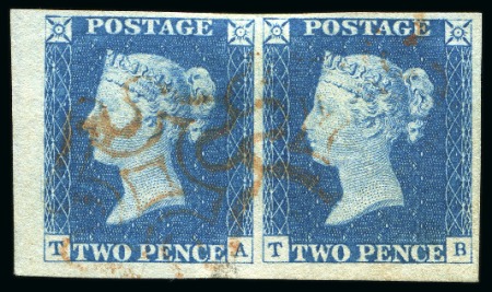 1840 2d Blue pl.2 TA-TB marginal pair from the lower left of the sheet, very lightly cancelled by two strikes of the red Maltese cross