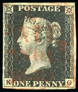 1840 1d Black pl.4 on bleute paper, KG, with large margins all round cancelled by a London "tombstone" cancel in red