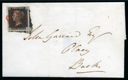 1840 1d Black pl.5 NA, an enormous example torn from the sheet and showing portions of three adjoining stamps, on cover