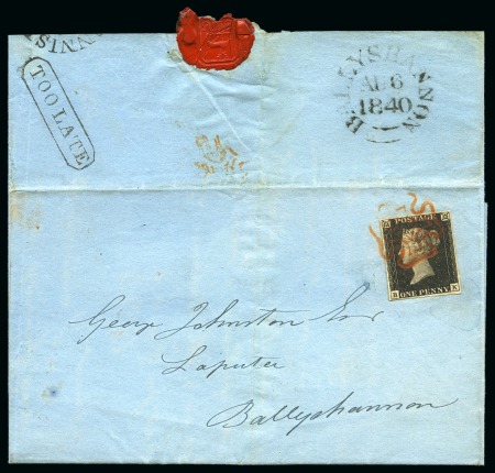 1840 1d Black pl.2 BK, large margins all round, used in Ireland on (6 Aug 1840) tied to blue entire by an orange red Maltese cross