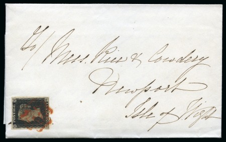 1840 1d Black pl.1b CG, good to very good margins, placed sideways at lower left (contrary to regulations) on 1840 (Aug 26) entire