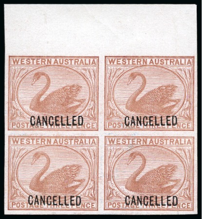 Stamp of Australia » Western Australia 1882-85 3d Plate proof in top marginal imperf. block of four in near issued colour on glazed paper