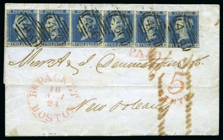 1852 (Apr 2) Entire from Liverpool to New Orleans, bearing an 1841 2d violet blue pl.4 AA-AF horizontal strip of six