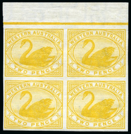 Stamp of Australia » Western Australia 1898-1907 2d bright yellow plate proof in top marginal block of four on gummed watermarked paper