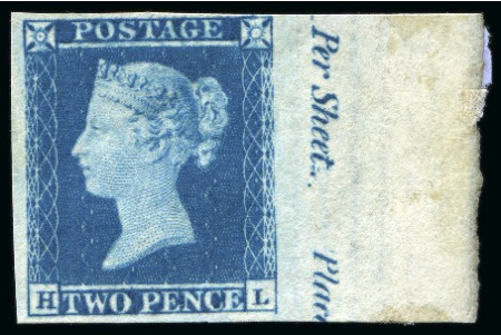 Stamp of Great Britain » 1854-70 Perforated Line Engraved 1855 2d Blue pl. 4 HL imprimatur from the right of the sheet showing part inscription 