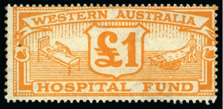 Stamp of Australia » Western Australia Revenues: 1930 Hospitality Tax 2s ochre, 10s bistre, £1 orange and 1940 Nurse 1 1/2d purple block of four