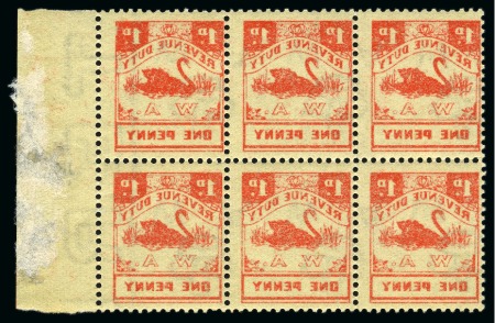 Stamp of Australia » Western Australia Revenues: Revenue Duty 1d red mint nh marginal block of six showing variety complete offset on reverse