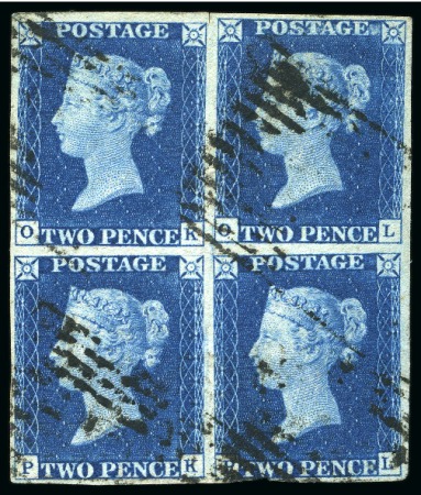 1840 2d Blue pl. 2 OK/PL used block of four