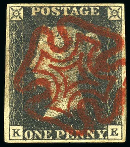 Stamp of Great Britain » 1840 1d Black and 1d Red plates 1a to 11 1840 1d Black pl.4 KE cancelled by virtually perfect and very vivid strike of the distinctive Greenock Maltese Cross