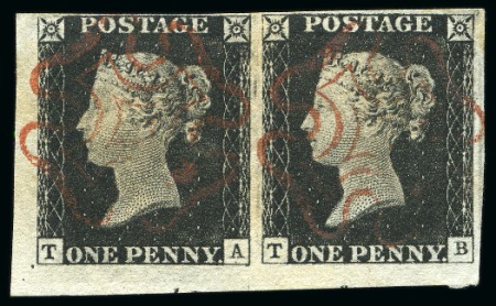 1840 1d Intense Black pl.2 TA-TB pair from the lower left corner of the sheet