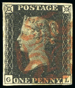 1840 1d Black pl.10, FK, GL, GL, KC and MI, all with good to large margins all round and cancelled by red Maltese Crosses