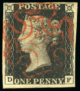 1840 1d Black pl.6 DF, a superb four margined example with a complete and virtually upright strike of the red Maltese Cross