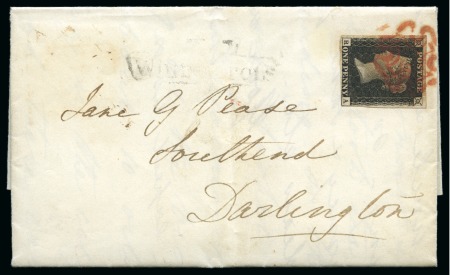 1840 (Nov 7) 1d Black pl.5 RA placed sideways contrary to regualtions on entire from London to Darlington