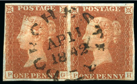Stamp of Great Britain » 1841 1d Red 1841 1d Red-brown PG-PH pair cancelled centrally by Dorchester AP 11 1842 cds