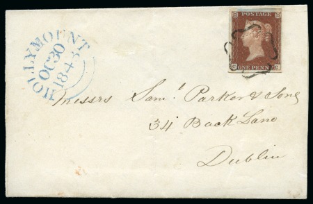 1843 (Oct 30) 1d Red-brown CC, used on wrapper from Hollymount to Dublin, tied by a superb strike of the distinctive Hollymount Maltese cross