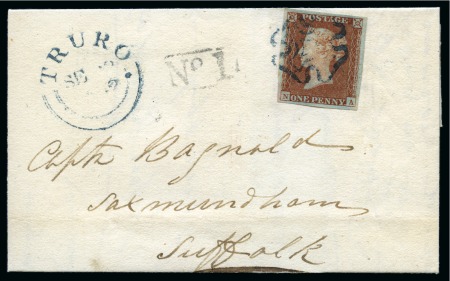 1842 (Sep 28) 1d Red-brown NA pl 20 re-entry, on wrapper from Truro to Suffolk, tied by a good strike of the blue Maltese Cross