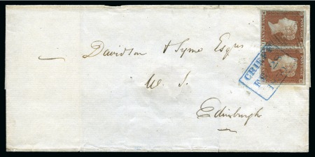 1850 (Feb 28) 1d Red-brown pl.85 MI-MJ horizontal pair on wrapper from Killin (Scotland) to Edinburgh