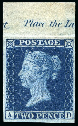 Stamp of Great Britain » 1854-70 Perforated Line Engraved 1855 2d Blue pl.6 AD imprimatur from the top of the sheet showing part inscription " T, Place the La"