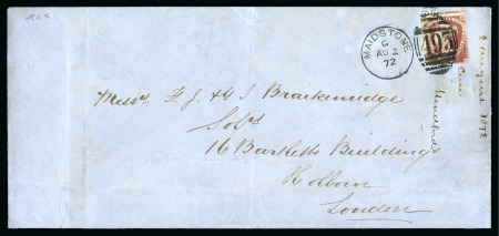 Stamp of Great Britain » 1854-70 Perforated Line Engraved 1872 (Aug 2) 1 1/2d rose-red OP-PC ERROR OF LETTERING used on long envelope 