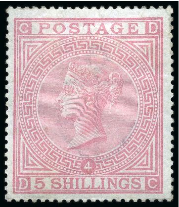 Stamp of Great Britain » 1855-1900 Surface Printed » 1867-83 High Values 1867-83 Wmk Anchor 5s rose pl.4 on blued paper mint hr with large part original gum