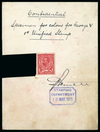 Stamp of Great Britain » King George V » 1911-12 Downey Head Issues 1911 1d imperforate in the issued colour affixed to a thick card, showing handwritten "Confidential / Specimen for colour for George V / 1d Unified Stamp"