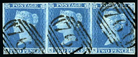 1841 2d Blue pl.3 KF-KH strip of three, large margins all round, each neatly cancelled by a clean strike of Sunderland "761"