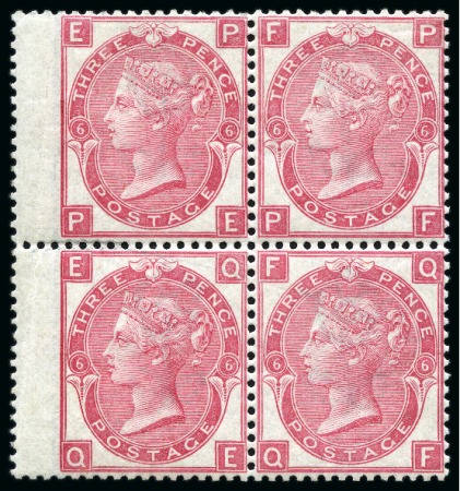 Stamp of Great Britain » 1855-1900 Surface Printed » 1867-80 Large Uncoloured Corner Letters, Wmk Spray of Rose 1867-80 3d Rose pl.6 mint block of four