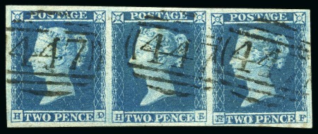 1841 2d Blue pl.4 HD-HF strip of three with large balanced margins all around, each neatly cancelled by a clean strike of Leeds "447" numeral
