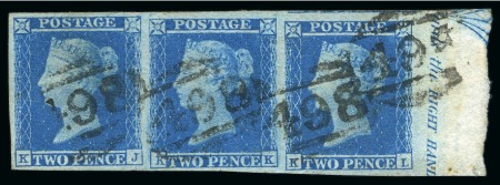 1841 2d Blue pl.4 KJ-KL strip of three from the right of the sheet showing part ornament and inscription