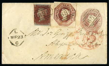 1854 (Mar 21) 1d Pink postal stationery envelope to USA, additionally franked with 1847-54 Embossed 10d brown and 1841 1d red-brown 