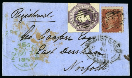 1856 (Aug 7) Envelope sent registered from Rochford, Essex, to Norfolk, bearing 1847-54 Embossed 6d purple 