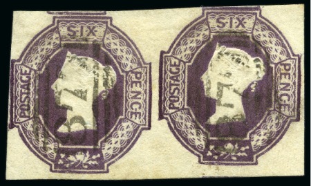 1847-54 Embossed 6d (wmk reversed) horizontal pair with margins all around, each lightly cancelled by black "877" Whitehaven numerals