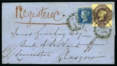1856 (Nov 6) Wrapper sent registered from Nottingham to Glasgow, bearing 6d purple and 1854-57 2d blue pl.6
