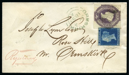 1855 (Jul 4) Envelope registered from Liverpool to Ormskirk, bearing and 1854 2d deep blue pl.4 and 1847-54 Embossed 6d