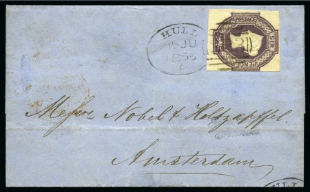 1855 (Jun 16) Lettersheet to Amsterdam, bearing 1847-54 6d Embossed cancelled by a Hull spoon type cancel