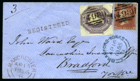 1856 (Apr 15) Envelope sent registered from Manchester to Bradford bearing 1847-54 6d dull-lilac placed sideways alongside a 1d "star"