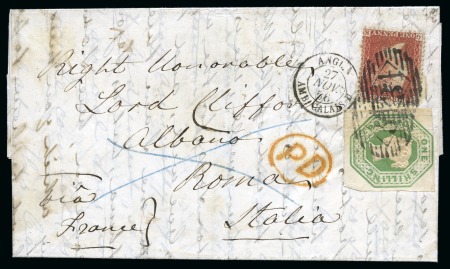 Stamp of Great Britain » 1847-54 Embossed 1856 (Nov) Entire letter to Italy, bearing an 1847-54 1s green die 2, with close to large margins, and 1d "star" 