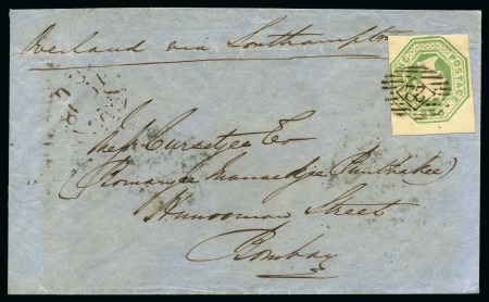 1855 (Aug 18) Envelope to Bombay, India, bearing an 1847-54 1s green with fine to huge margins