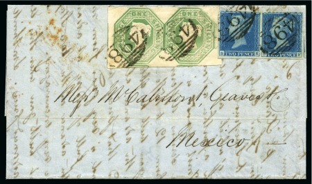 1849 (Mar 1) Entire to Mexico bearing 1847-54 1s green pair with fine to large margins additionally bearing a pair of 1841 2d blue