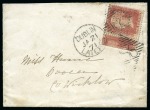 1871 (Jan 21) Envelope from Dublin to Wicklow, Ireland,  bearing 1d lake pl.142 single and BISECT