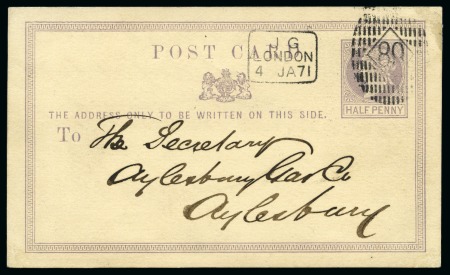 Stamp of Great Britain » Postal Stationery 1871 (Jan 4) 1/2d pale lilac post card sent from London to Aylesbury cancelled by a very rare Azemar rectangular town die and numeral in diamond