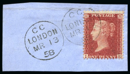 1858 1d Rose-red pl. 6 IE perf. 14 die II, Alphabet III, tied to small piece by a good strike of the Cresswell rotary stamping apparatus obliteration